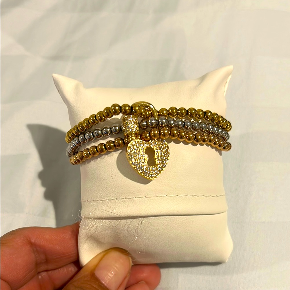 Gold And Silver Beaded Bracelet With Heart Charm